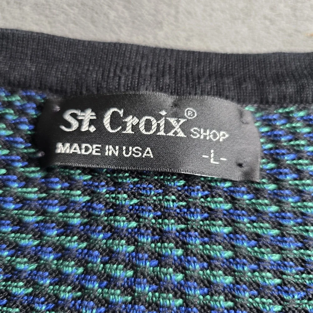 Vintage St Croix Sweater Mens Large Blue Green Geometric Long Sleeve Made In USA